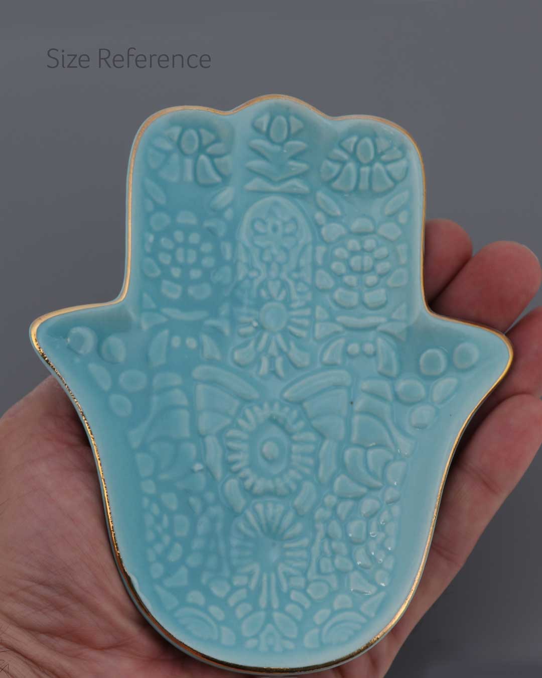 Turquoise Ceramic Hamsa Hand Dish – Embossed Floral Trinket Tray