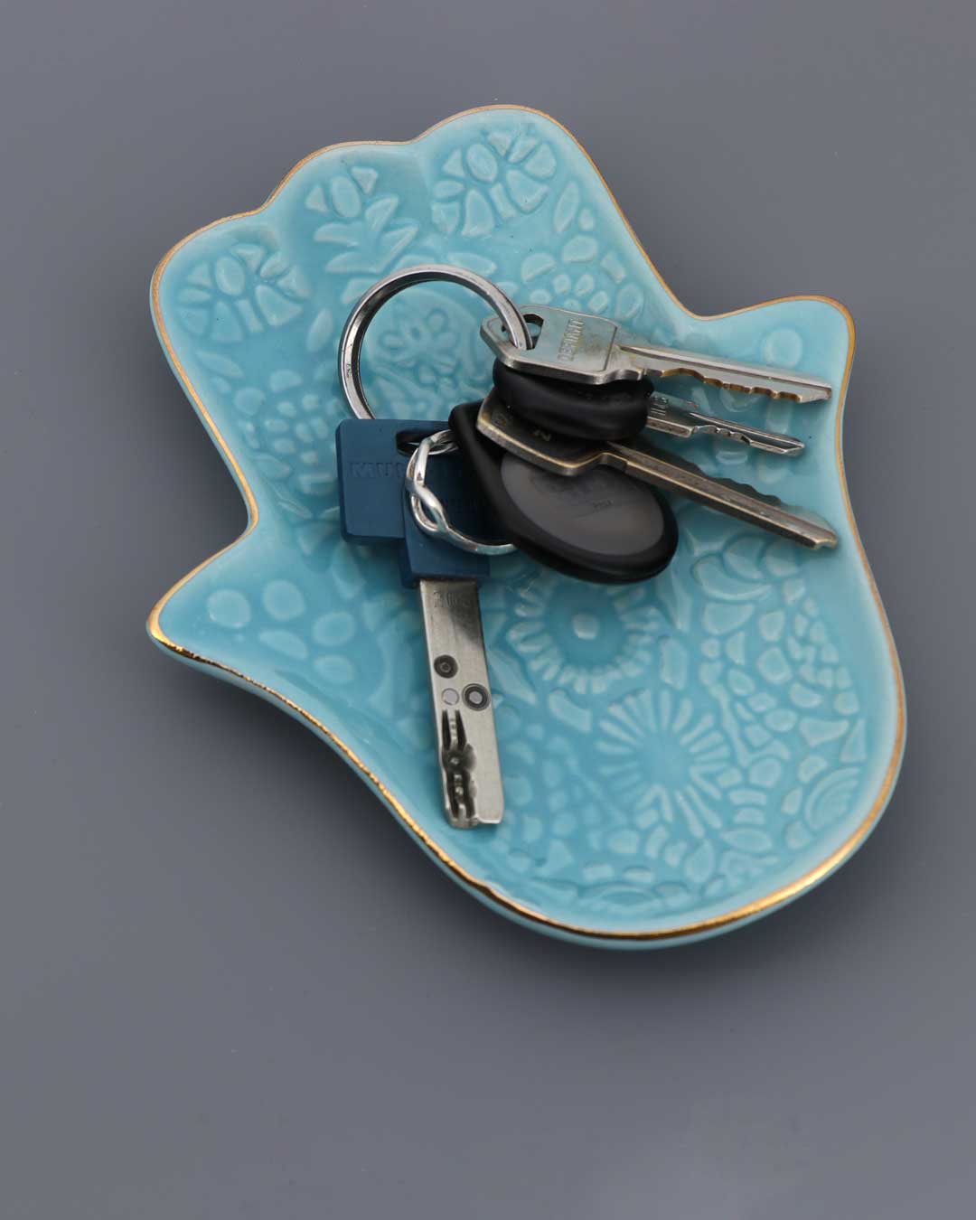 Turquoise Ceramic Hamsa Hand Dish – Embossed Floral Trinket Tray