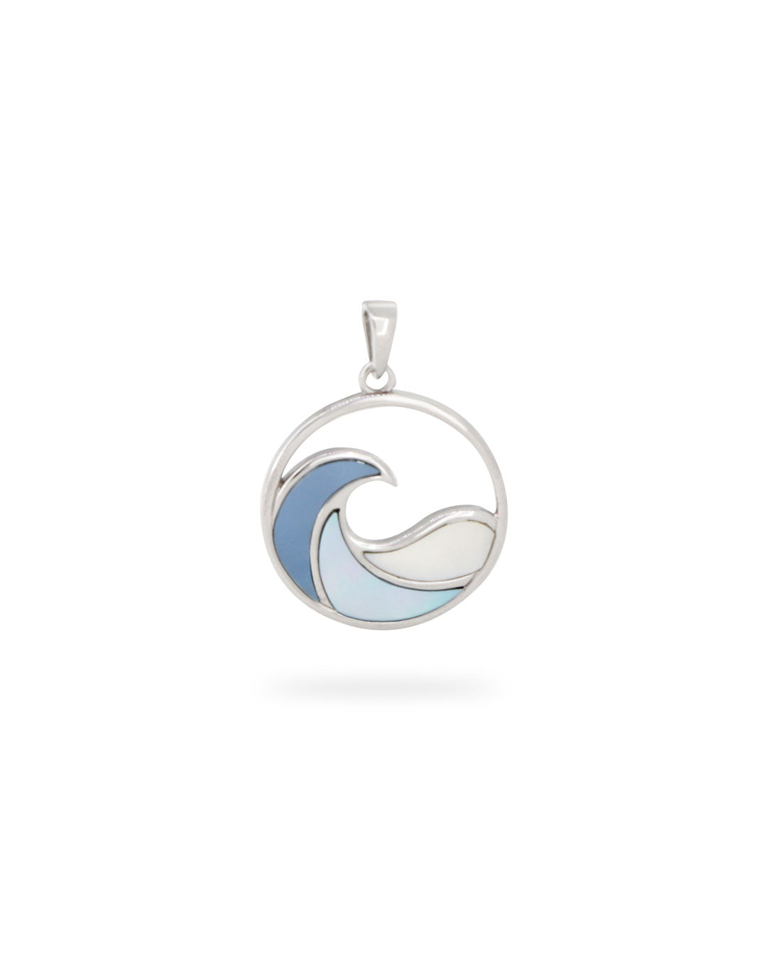 Silver pendant with a blue and white wave design on a white background