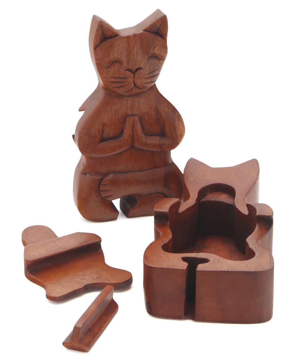 Hand Carved Namaste Cat Puzzle Box