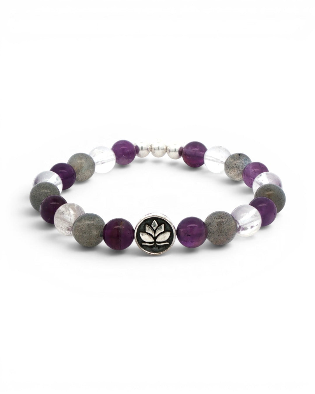 Amethyst, labradorite, and clear quartz lotus stretch bracelet angled front view with lotus charm centered on white background