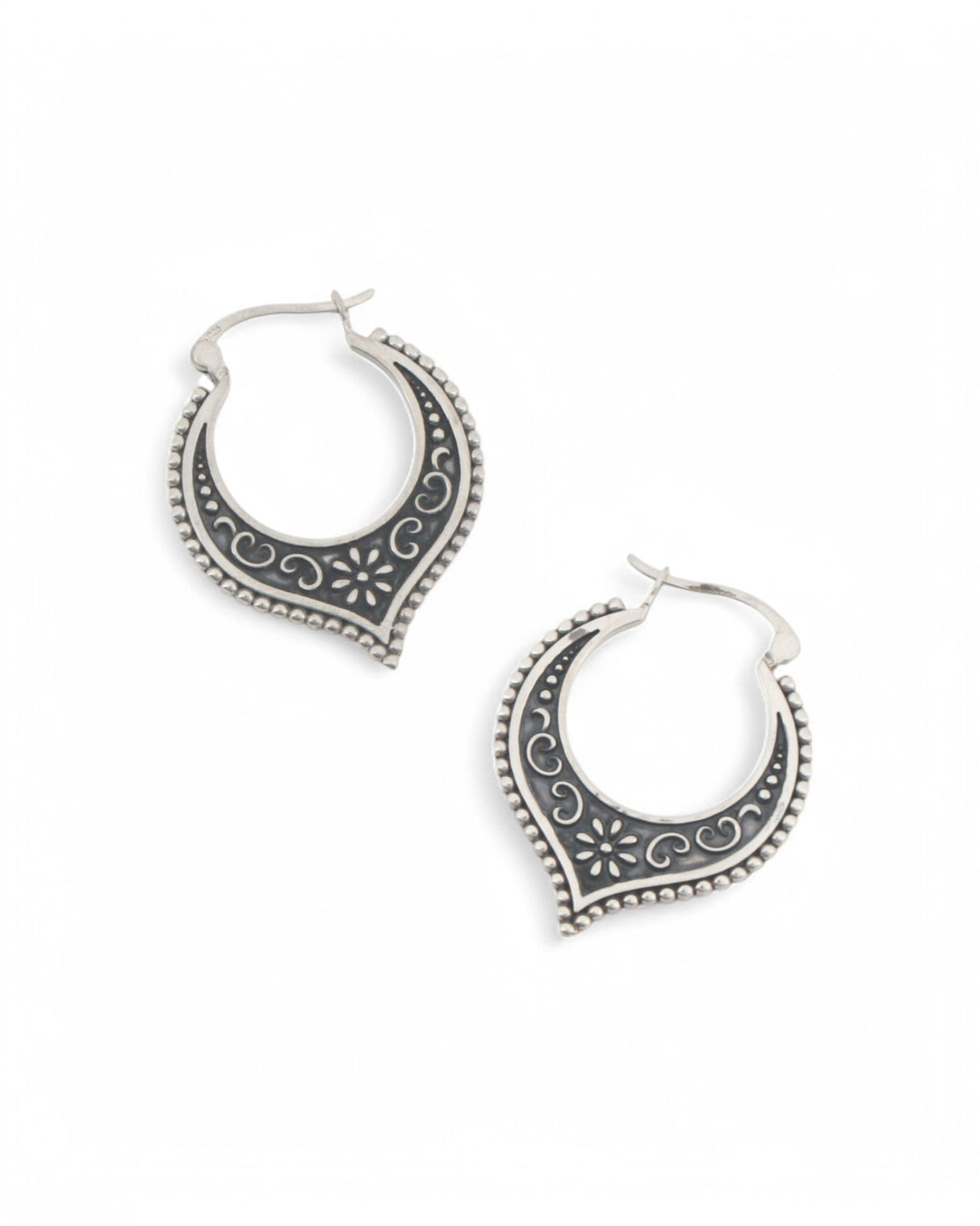 Antique Sterling Silver Lotus Petal Hoop Earrings - Earrings