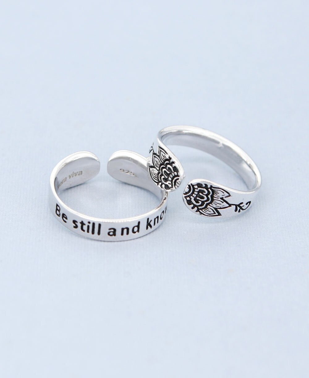 Be Still and Know Adjustable Inspirational Sterling Silver Lotus Ring - Rings