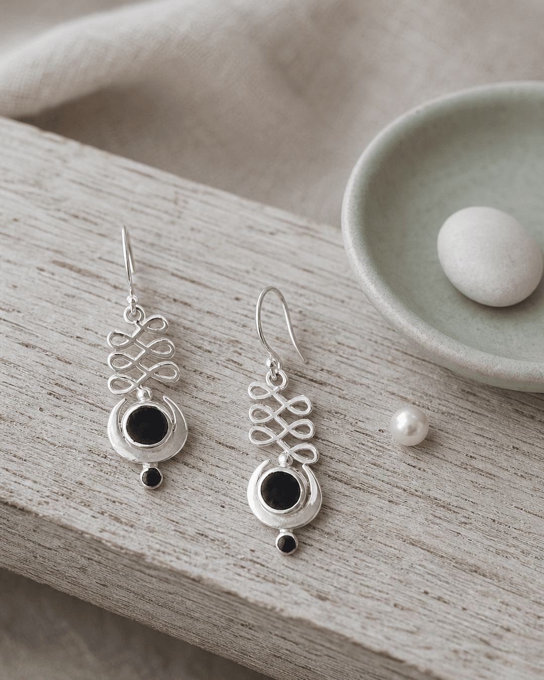 Black Onyx and Sterling Silver Unalome Moon Earrings - Earrings