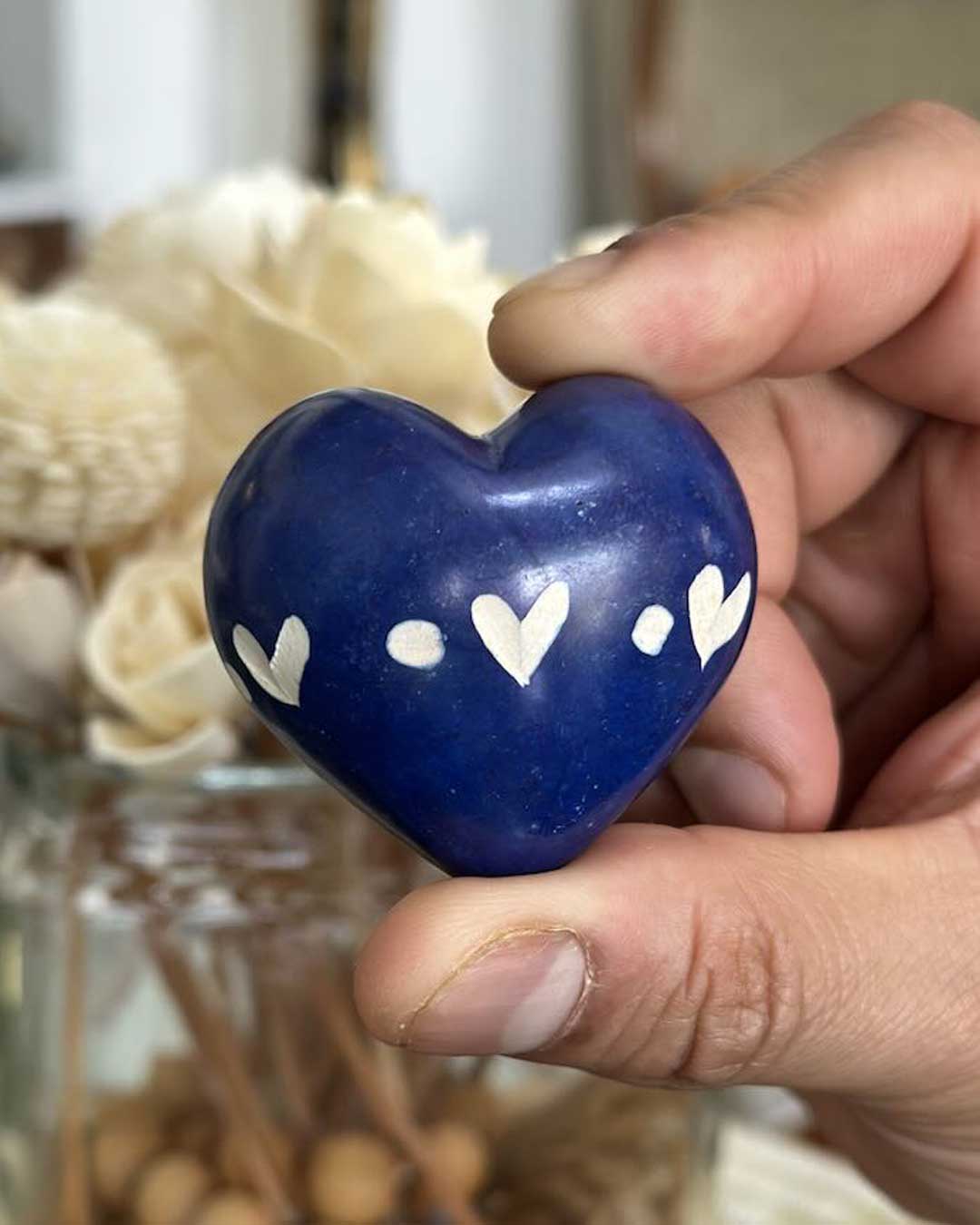 Blue Etched Soapstone Hearts Set of 6 - Decor