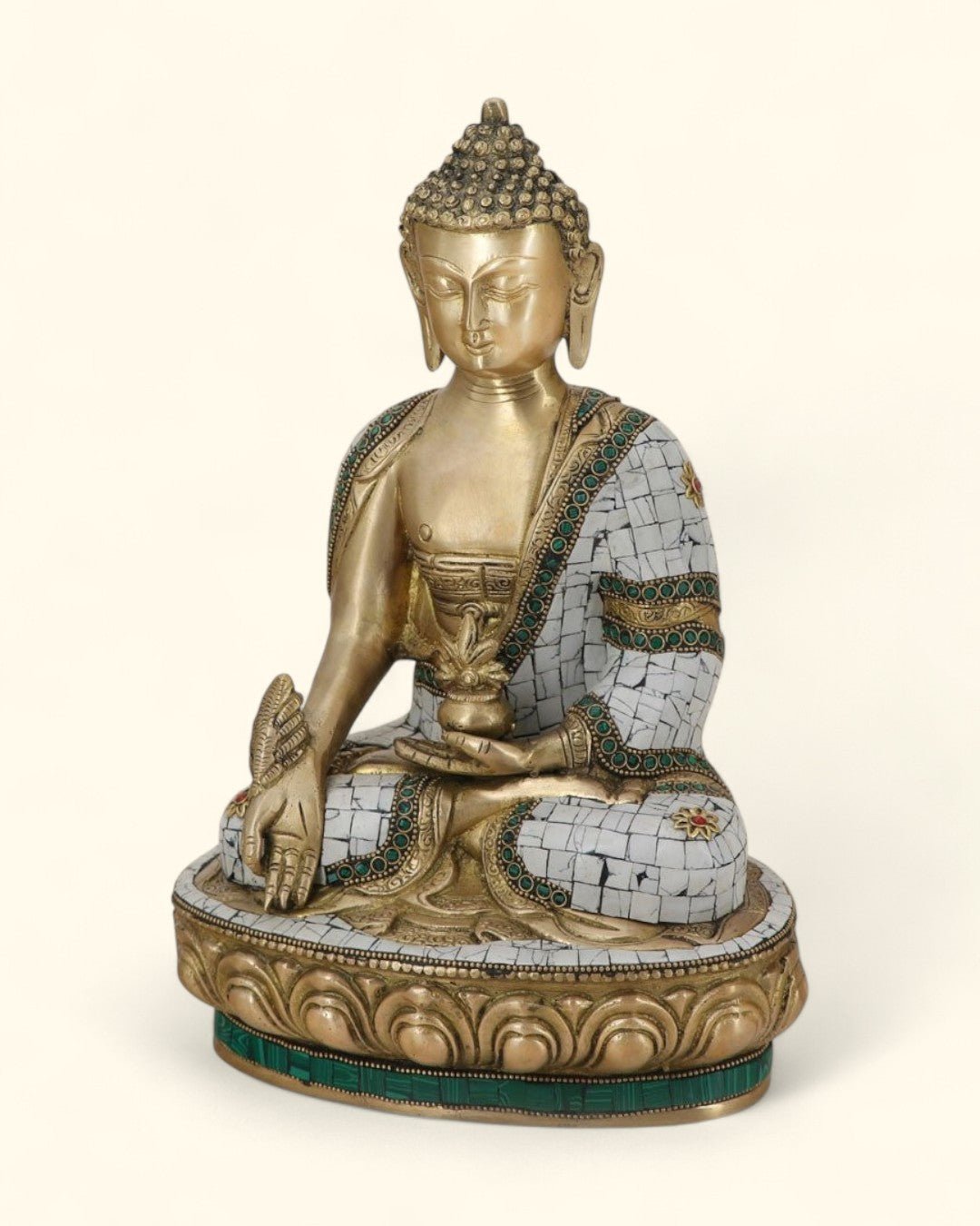 Brass Healing Medicine Buddha Statue With White & Green Mosaic - Sculptures & Statues