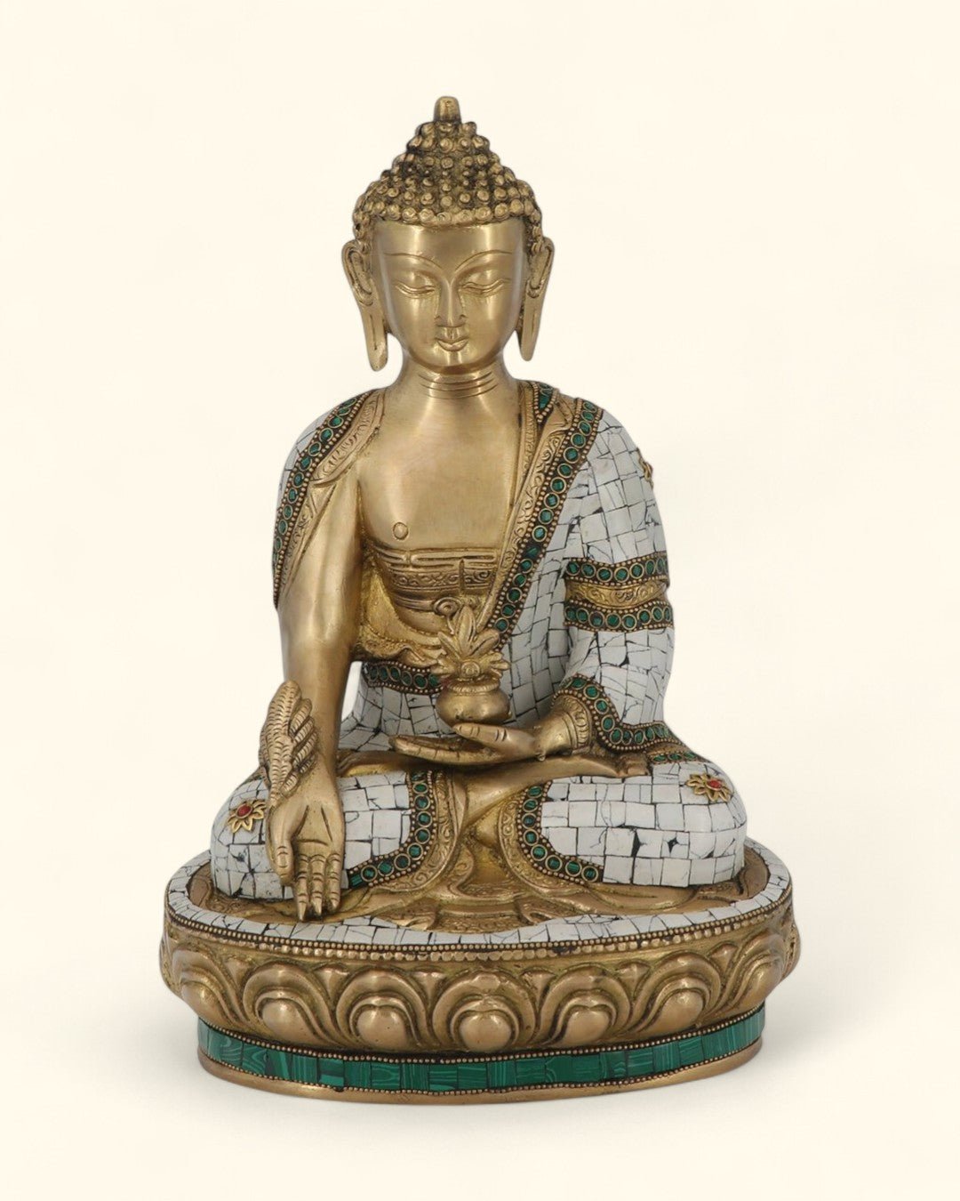 Brass Healing Medicine Buddha Statue With White & Green Mosaic - Sculptures & Statues