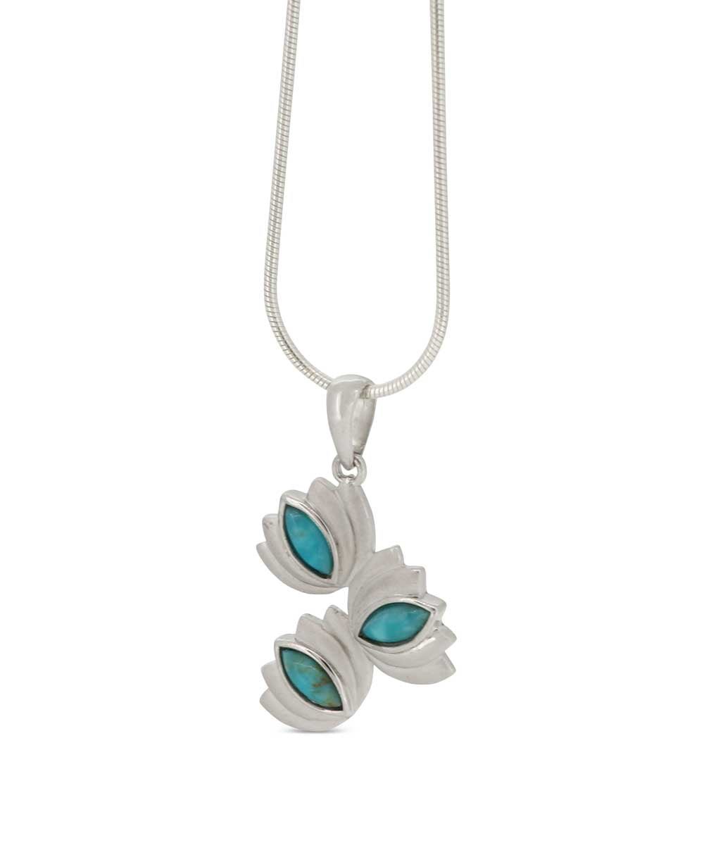 Brushed Sterling Silver Turquoise Triple Lotus Pendant - Pendant