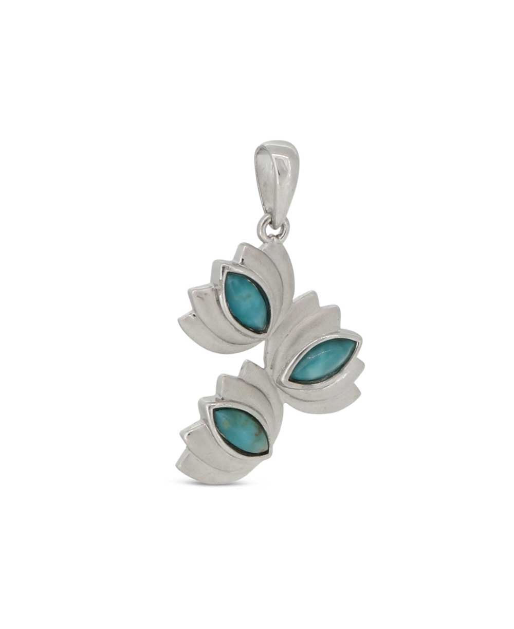 Brushed Sterling Silver Turquoise Triple Lotus Pendant - Pendant
