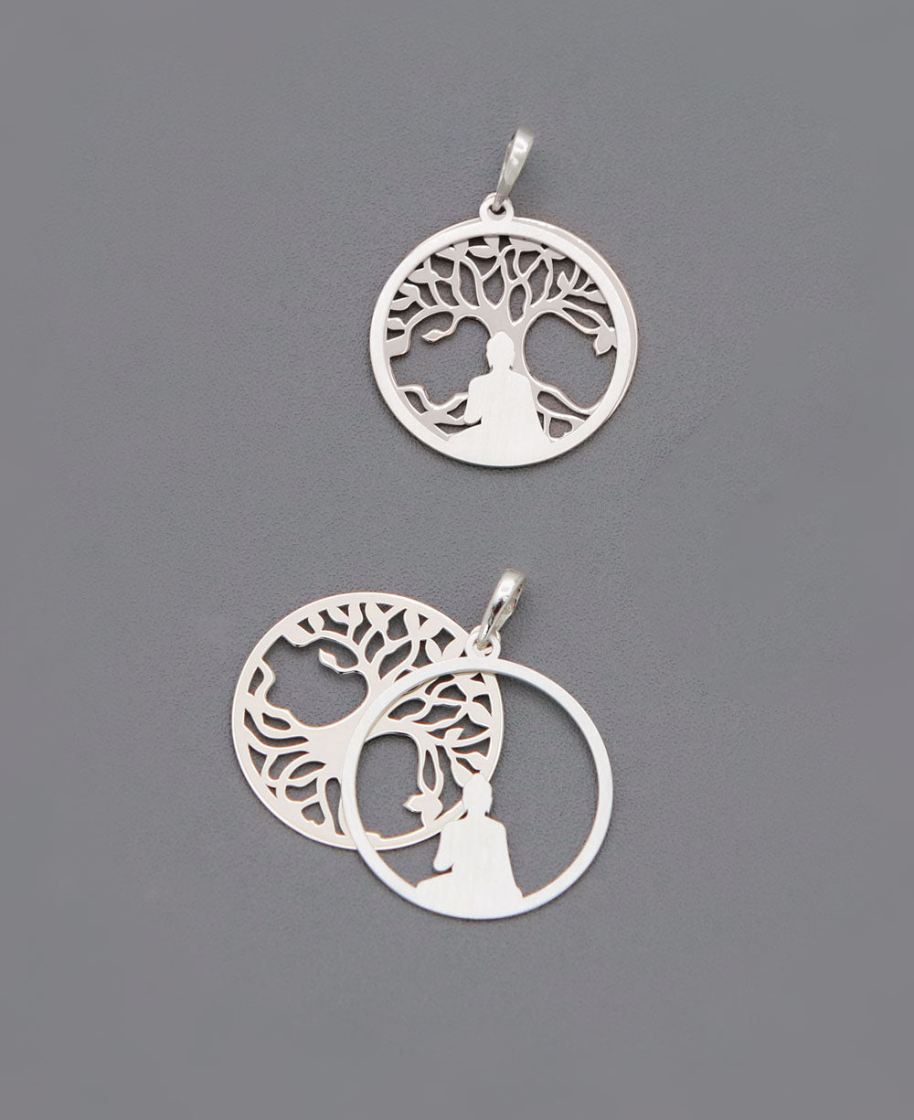 Buddha Pendant with Layered Bodhi Tree in Sterling Silver - Pendant