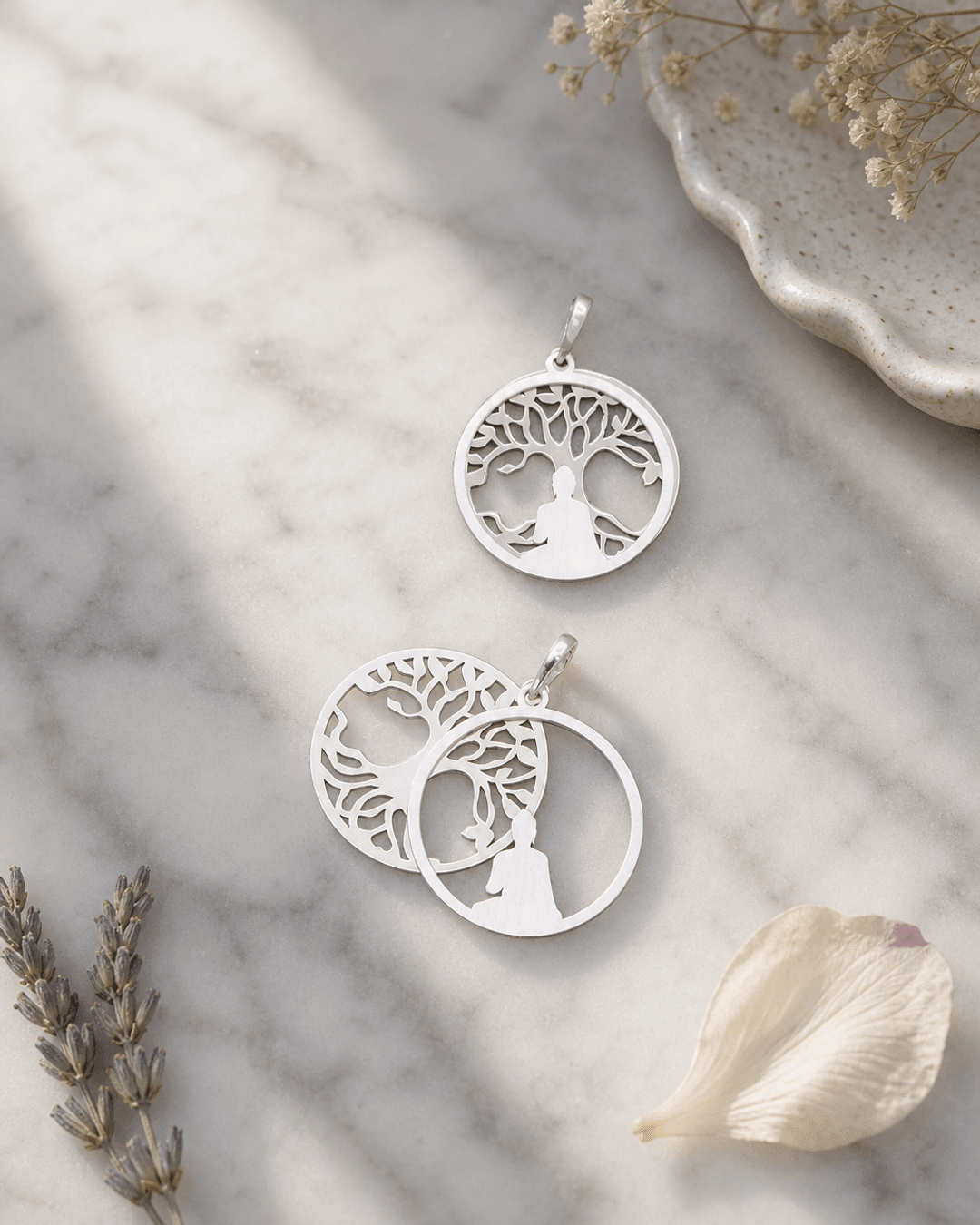 Buddha Pendant with Layered Bodhi Tree in Sterling Silver - Pendant
