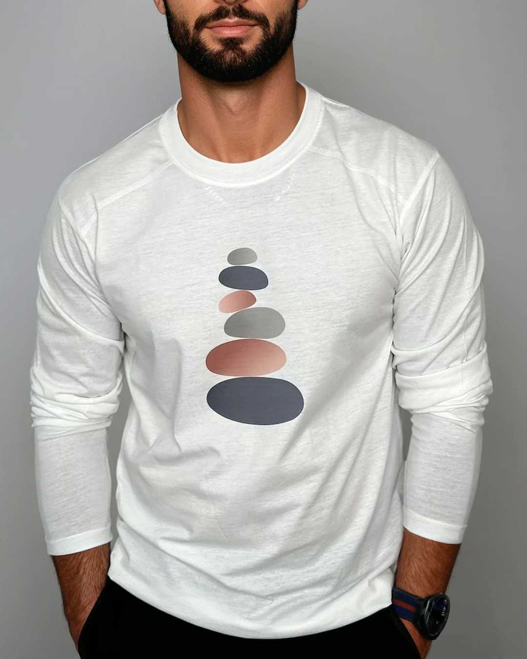Cairn Pathway Recycled Cotton Tee – Men’s Long Sleeve Shirt with Symbolic Stone Stack Graphic - Apparel S