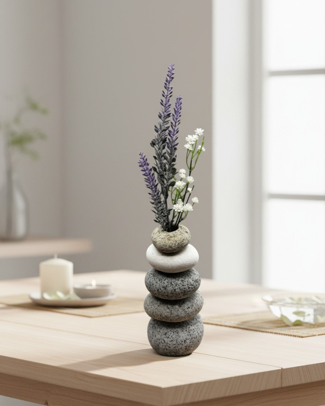 Stacked stone cairn bud vase holding purple lavender and small white flowers on a light wood table with a candle nearby