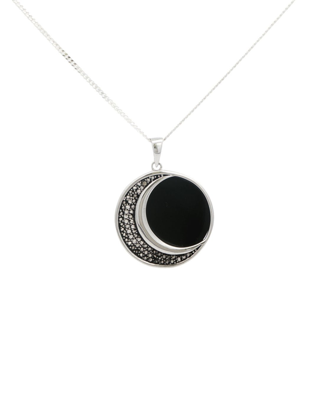 Celestial Crescent Moon Pendant – Sterling Silver with Black Onyx & Marcasite - Pendant