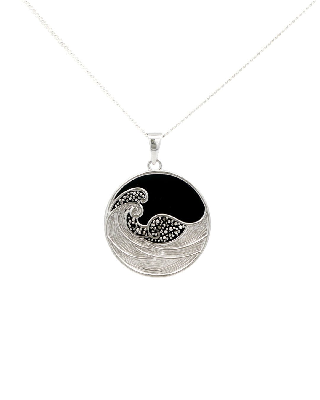 Celestial Midnight Wave Pendant – Sterling Silver with Onyx & Marcasite - Pendant