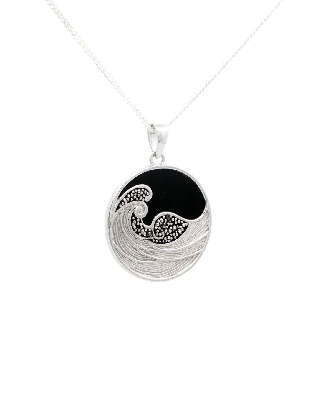 Celestial Midnight Wave Pendant – Sterling Silver with Onyx & Marcasite - Pendant