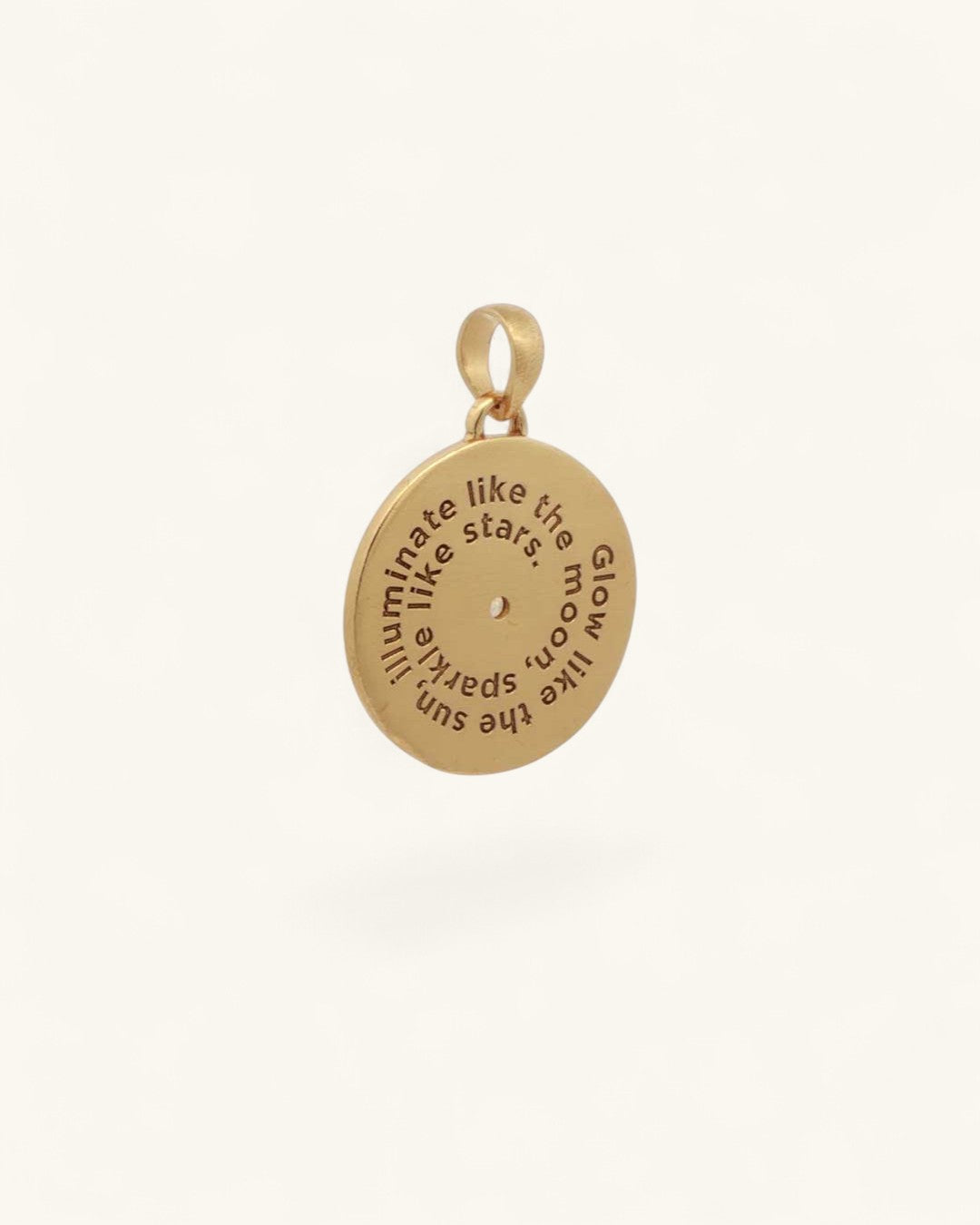 Back of Celestial Sun and Moon Citrine Pendant with circular engraved text reading glow like the sun illuminate like the moon
