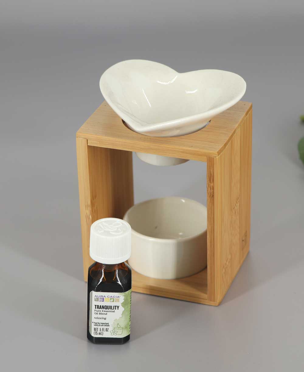 Ceramic and Bamboo Oil Burner Set Essential Oil - Candle & Oil Warmers Heart