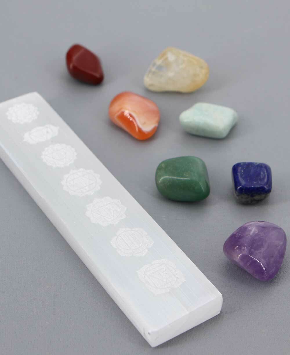 Chakra Healing Stone Set with Selenite Charging Plate – 7 Gemstones + Engraved Crystal Tray - New