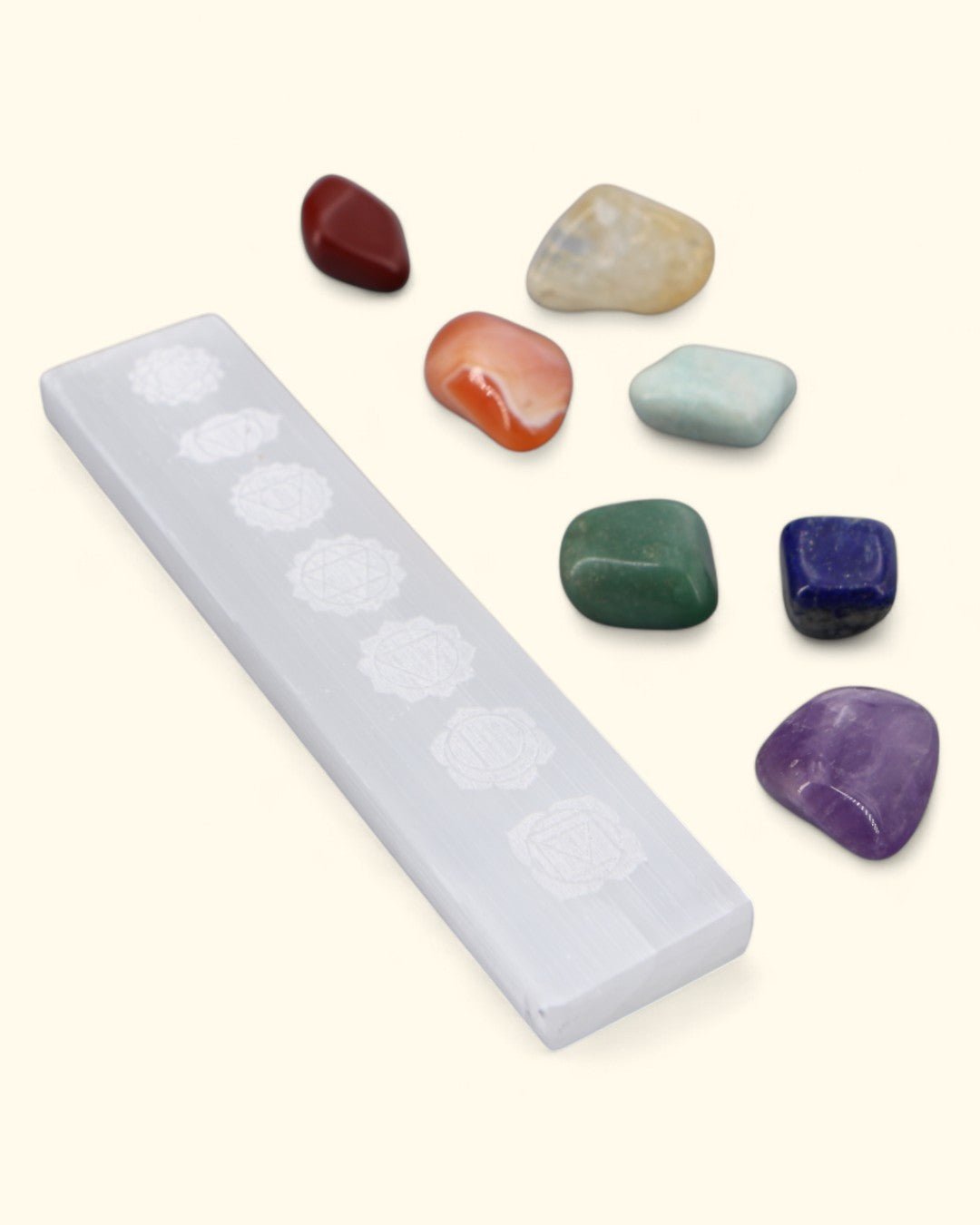 Chakra Healing Stone Set with Selenite Charging Plate – 7 Gemstones + Engraved Crystal Tray - New