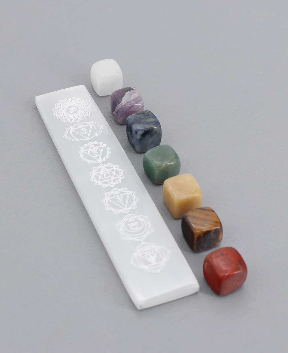 Chakra Healing Stone Set with Selenite Charging Plate – 7 Gemstones + Engraved Crystal Tray - New