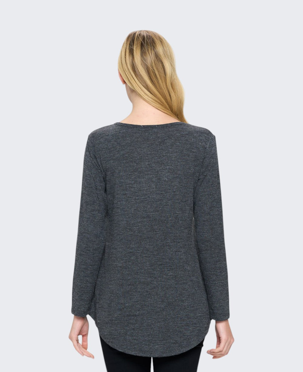 Back view of charcoal grey women's long sleeve tunic top showing rounded curved hem and plain heathered knit fabric