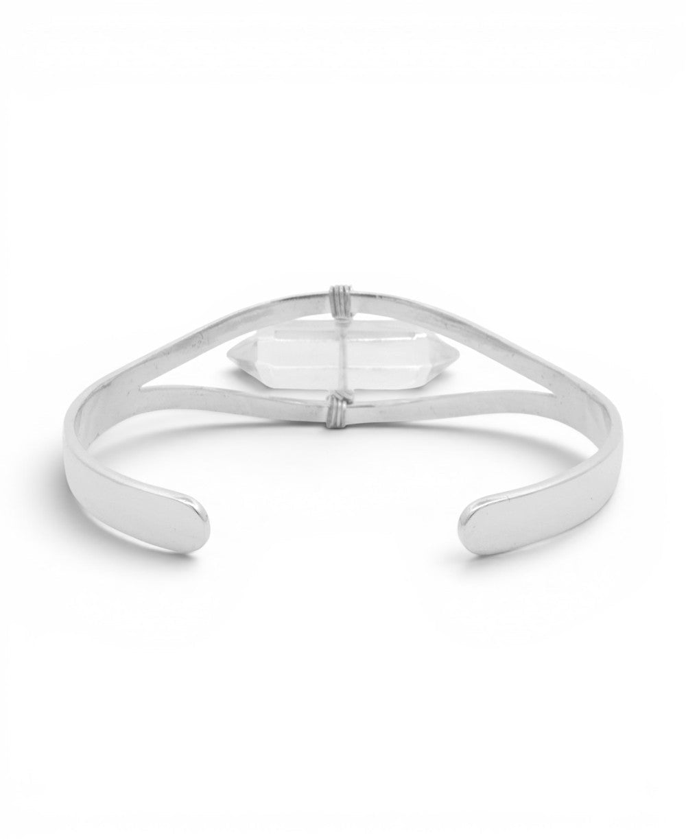 Clear Quartz Crystal Point Cuff Bracelet — Silver Plated Adjustable - Bracelets