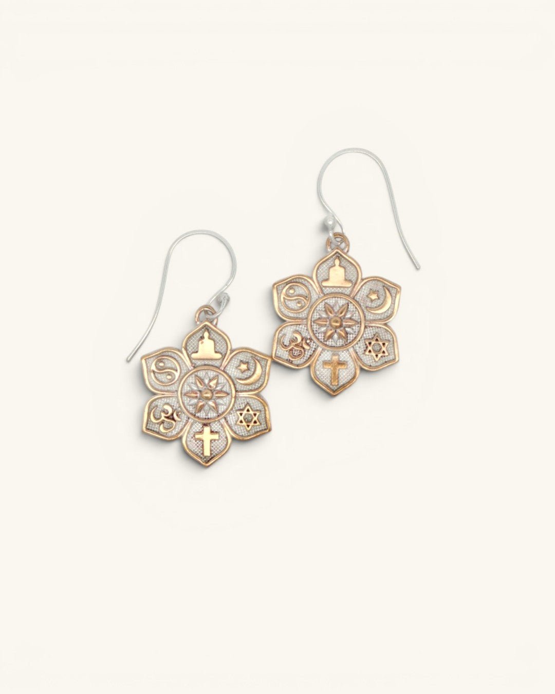 Coexist Harmony Earrings — Silver-Plated Bronze Lotus Mandala with Interfaith Symbols - Earrings