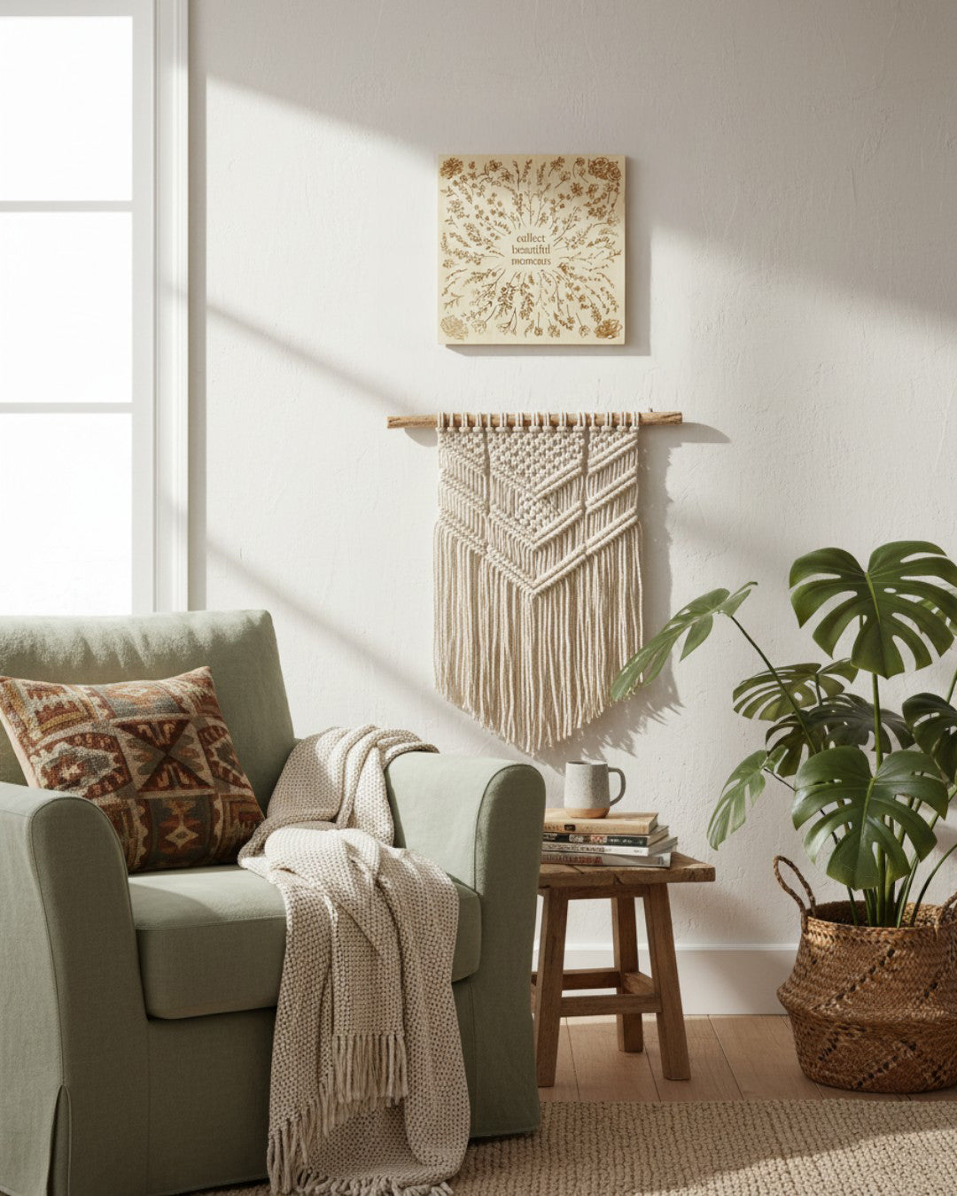 Collect Beautiful Moments botanical wood wall sign mounted on a white wall in a living room with green armchair and monstera plant