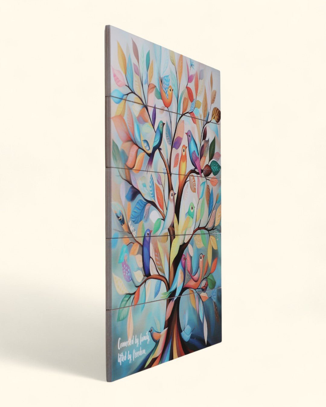 Colorful Family Tree of Life Wall Art – Multicolored Birds on Wood Panel with Quote - Posters, Prints, & Visual Artwork