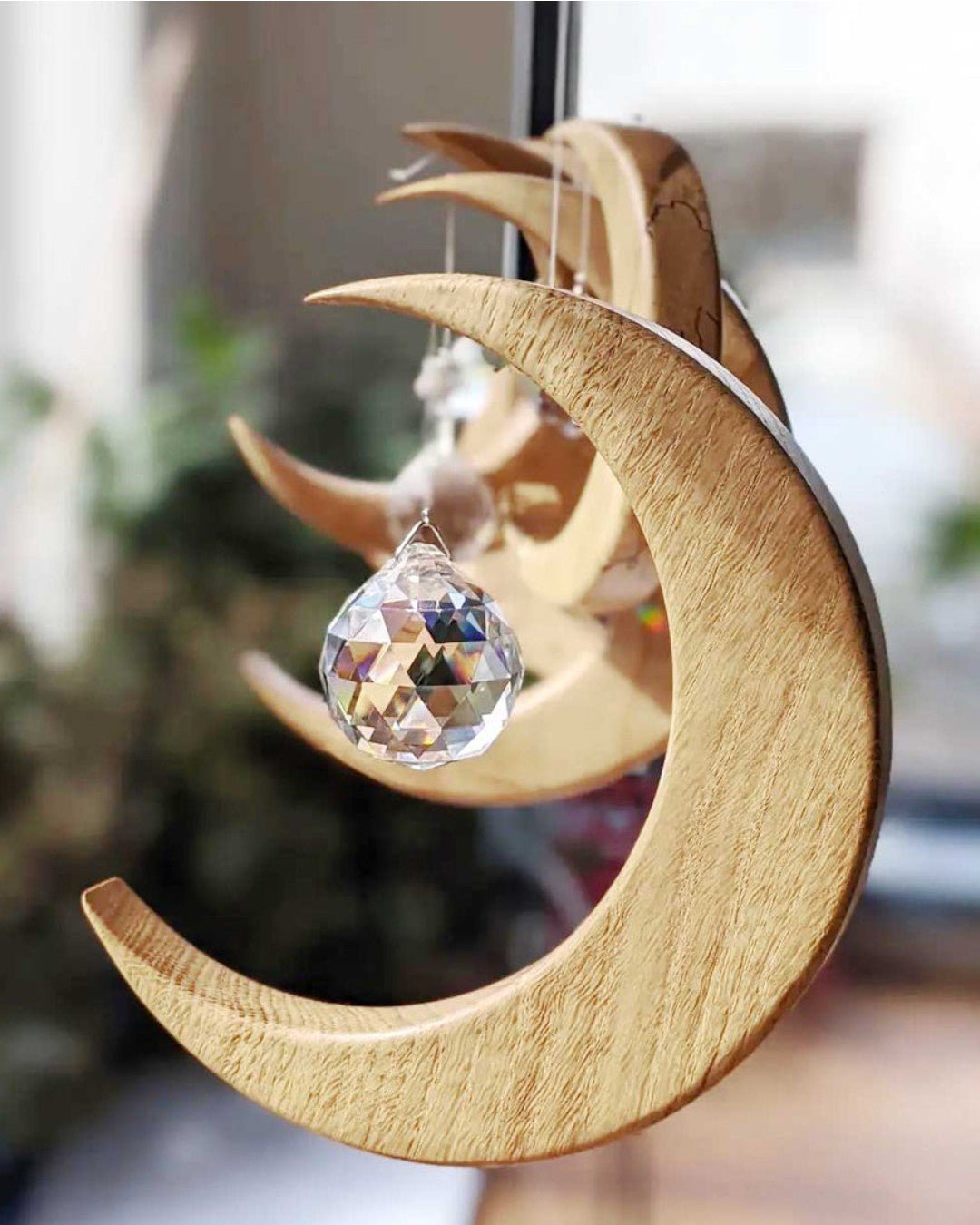 Crystal and Wood Moon Shaped Suncatcher - Suncatchers Small