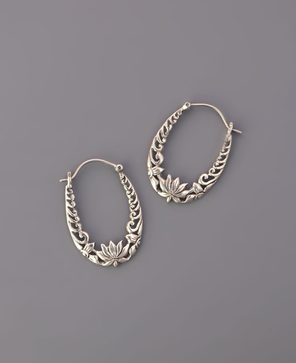 Dainty Sterling Silver Lotus Hoop Earrings - Earrings