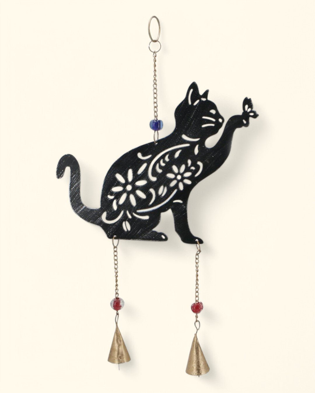 Fairtrade Joyous Cat and a Butterfly Wall Hanging Chime Bell - Wind Chimes