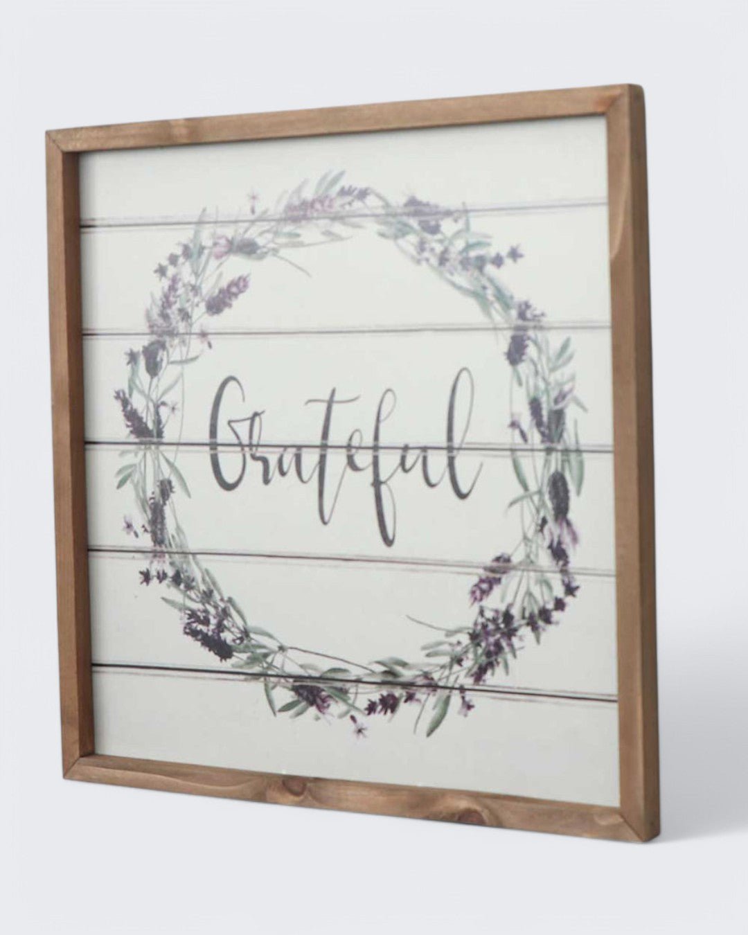Farmhouse Design "Grateful" Lavender Floral Wreath Wall Art with Wood Frame - Wall Art
