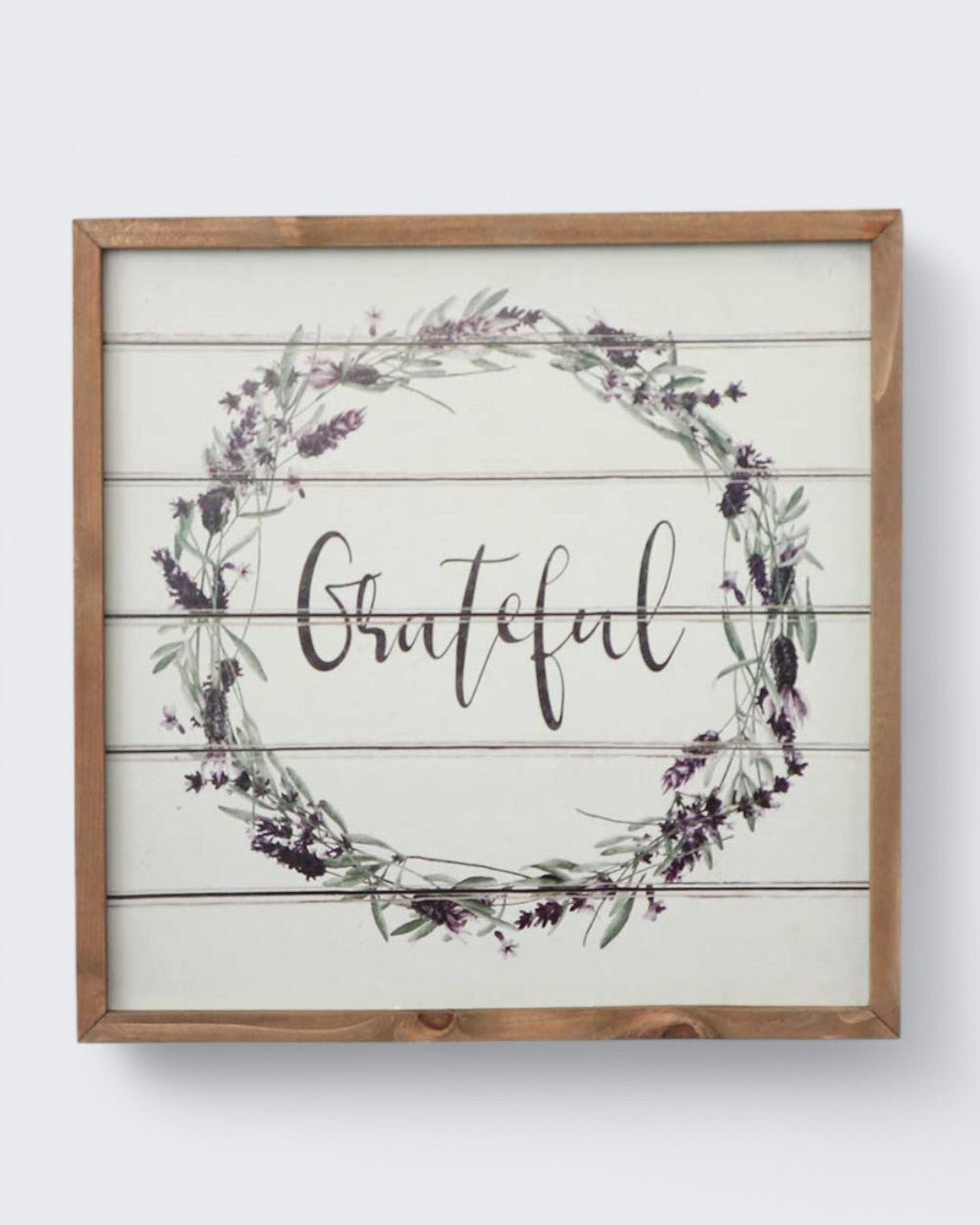 Farmhouse Design "Grateful" Lavender Floral Wreath Wall Art with Wood Frame - Wall Art