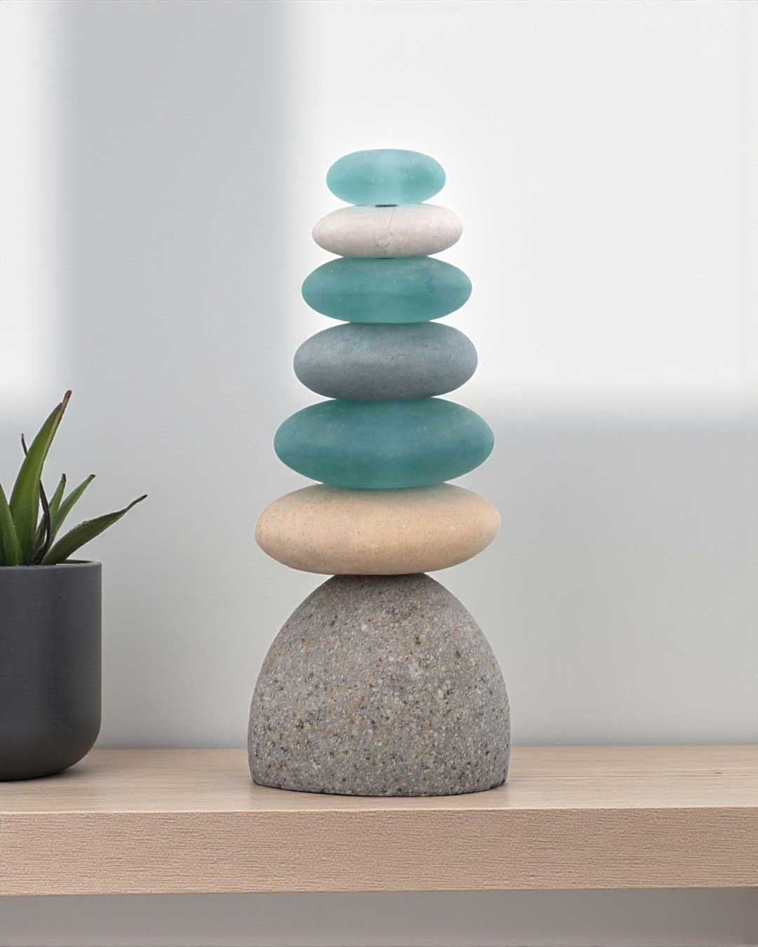 Glass and Stone Cairn Garden Statue – Frosted Glass and Rock Tower - Sculptures & Statues