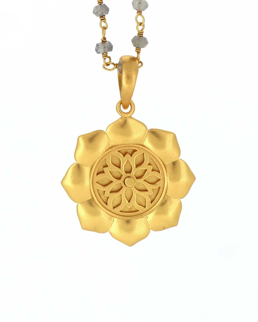 Gold - Plated Lotus Mandala Necklace with Moon Phases and Labradorite Gemstone – Celestial Design with Symbolic Sun, Stars & Lunar Petals - Necklace