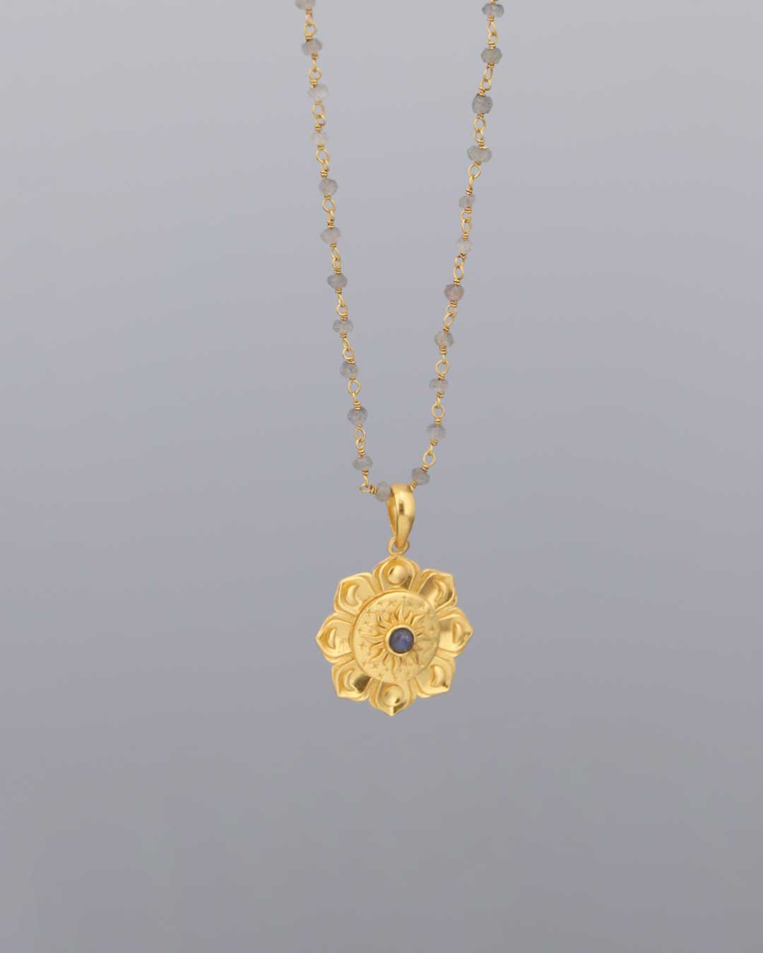 Gold - Plated Lotus Mandala Necklace with Moon Phases and Labradorite Gemstone – Celestial Design with Symbolic Sun, Stars & Lunar Petals - Necklace