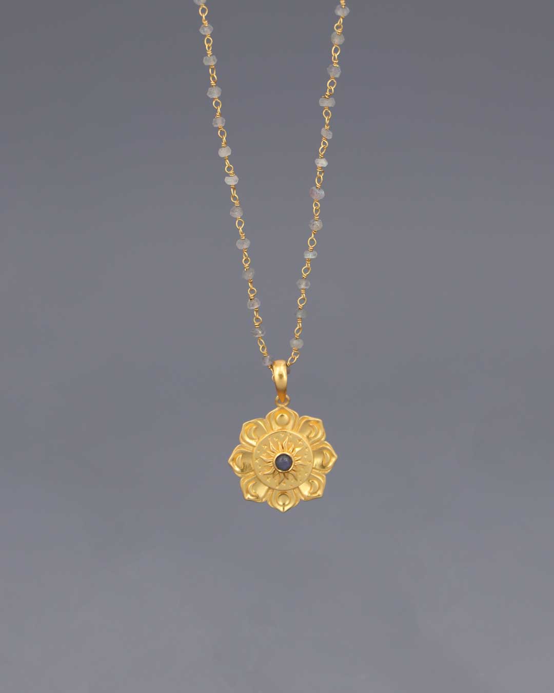Gold - Plated Lotus Mandala Necklace with Moon Phases and Labradorite Gemstone – Celestial Design with Symbolic Sun, Stars & Lunar Petals - Necklace