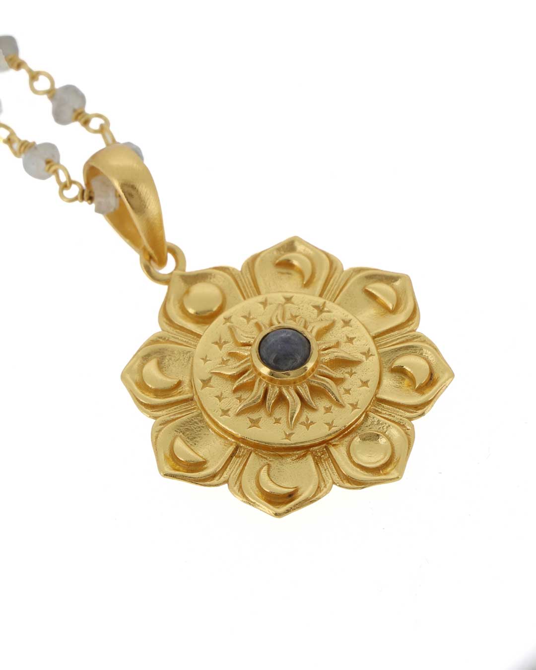 Gold - Plated Lotus Mandala Necklace with Moon Phases and Labradorite Gemstone – Celestial Design with Symbolic Sun, Stars & Lunar Petals - Necklace