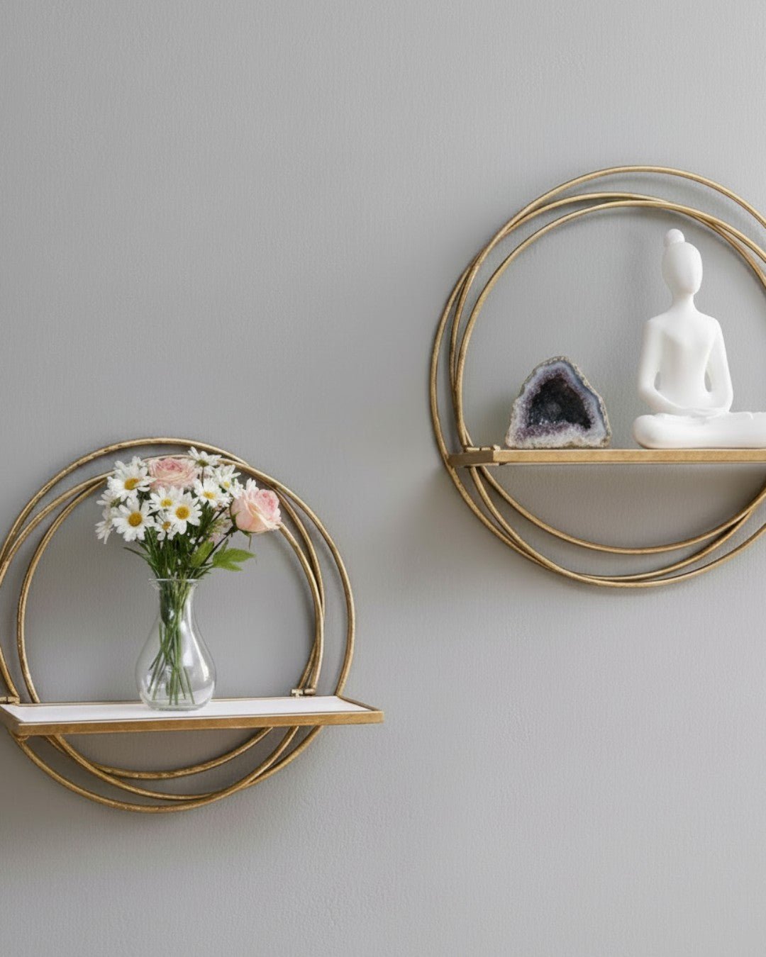 Golden Rings Floating Wall Shelves — Set of 2 Whitewash Wood & Gold Metal Decor - Wall Decor