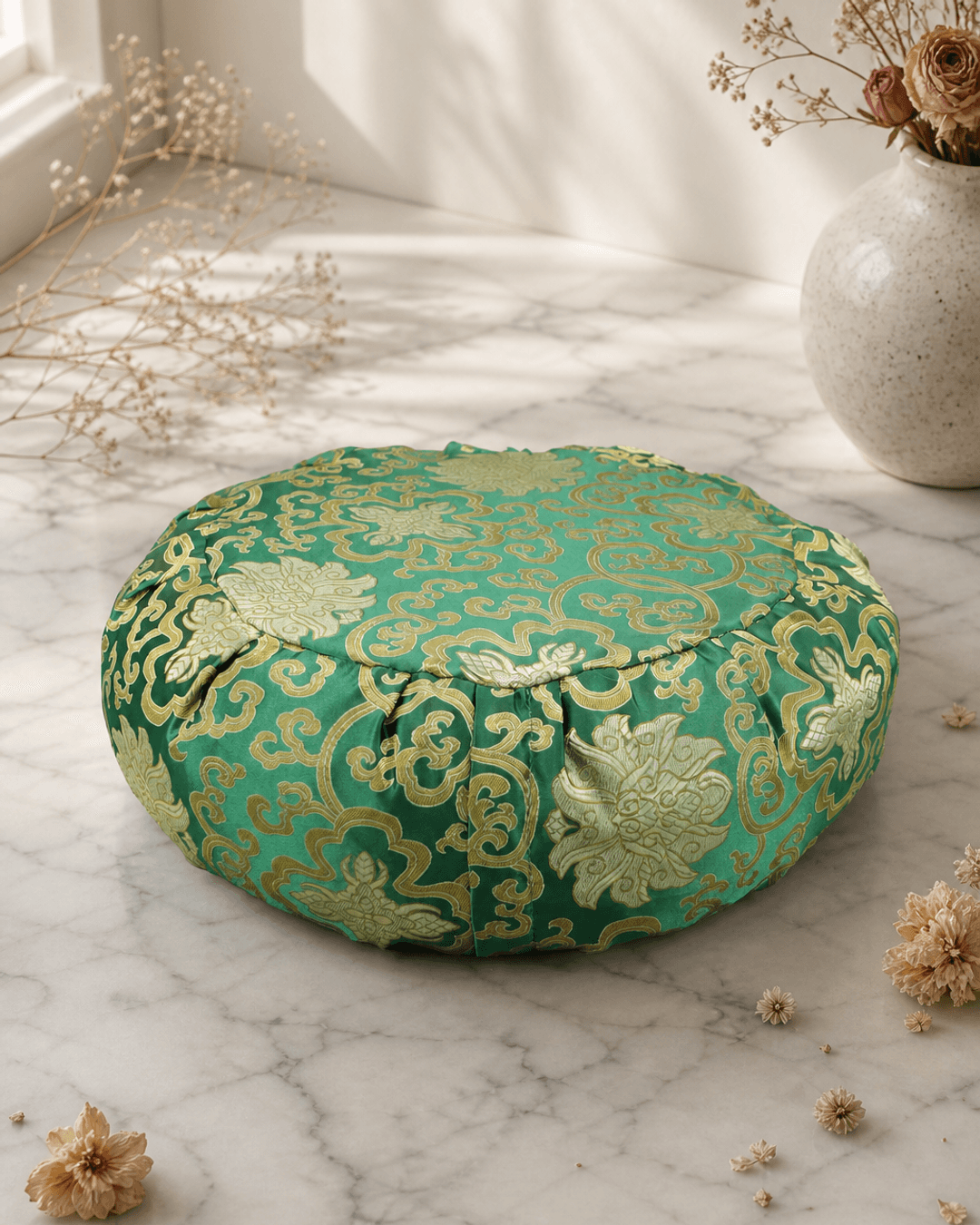 Green Brocade Zafu Meditation Cushion - Massage Cushions