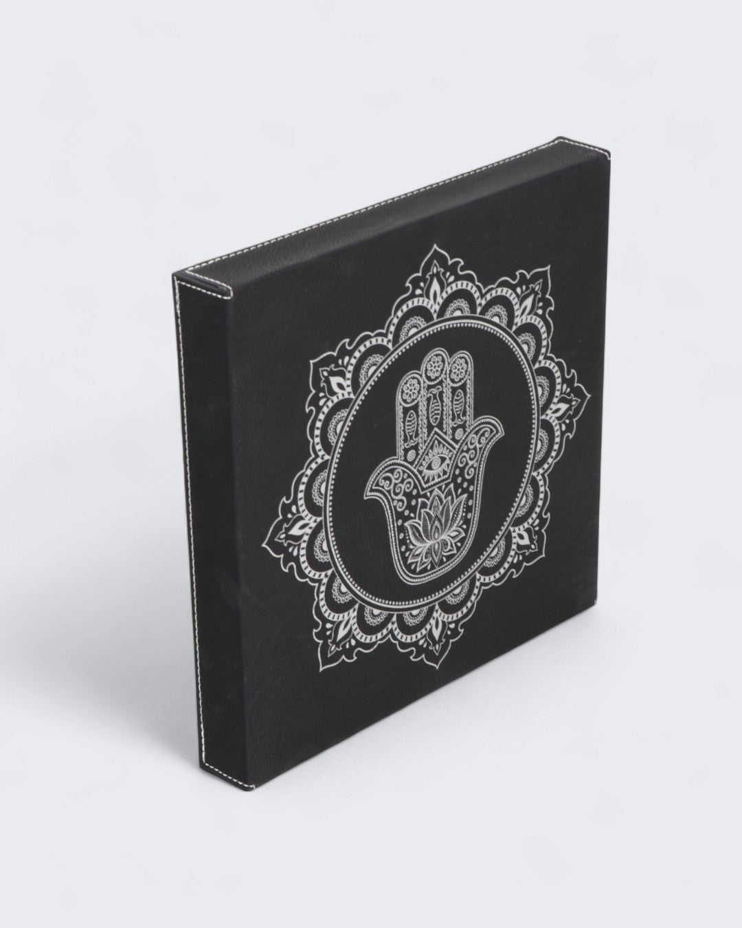 Hamsa Hand Mandala Wall Art – Black & Silver Embossed Leatherette Hanging (10x10") - Wall Art