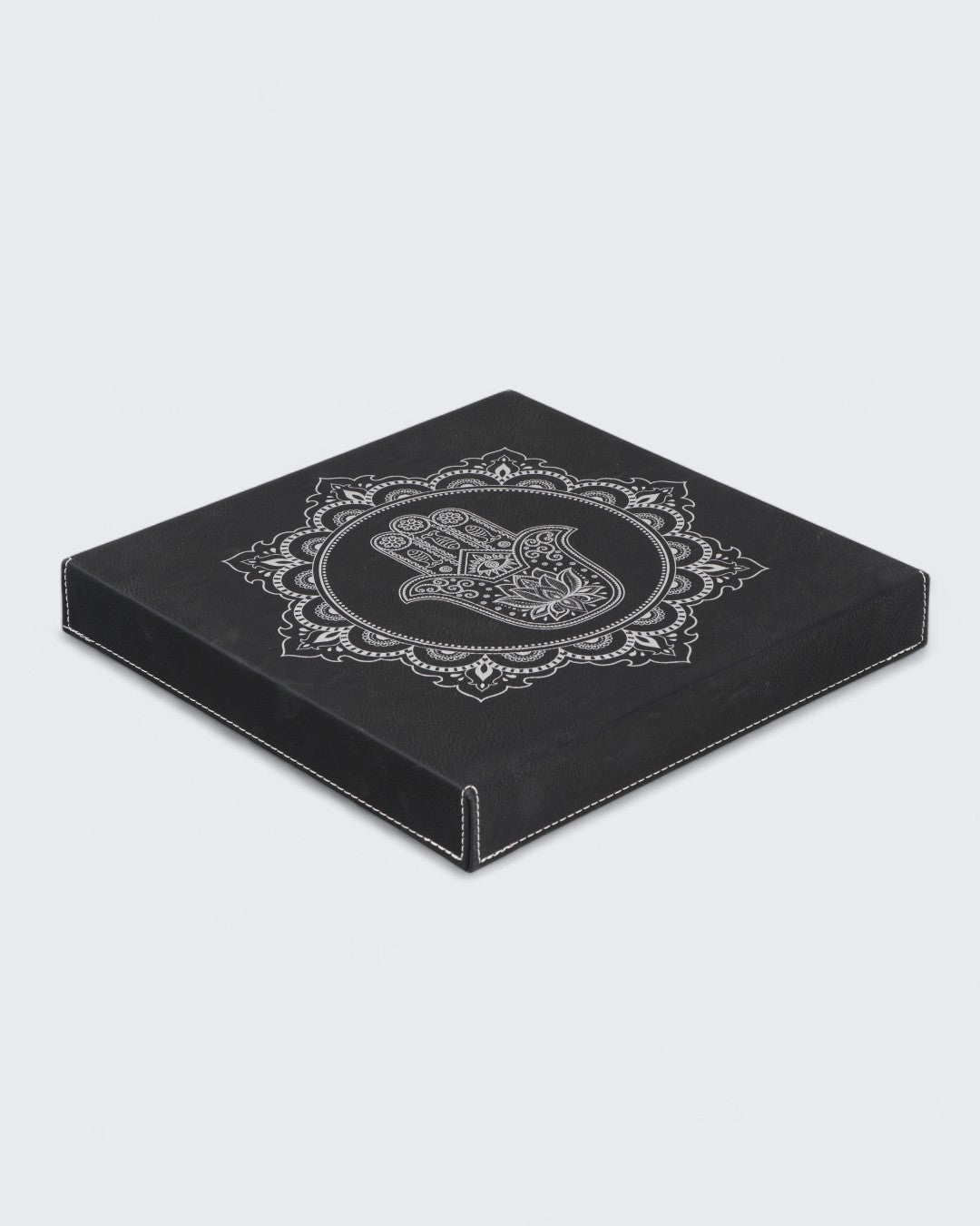 Hamsa Hand Mandala Wall Art – Black & Silver Embossed Leatherette Hanging (10x10") - Wall Art