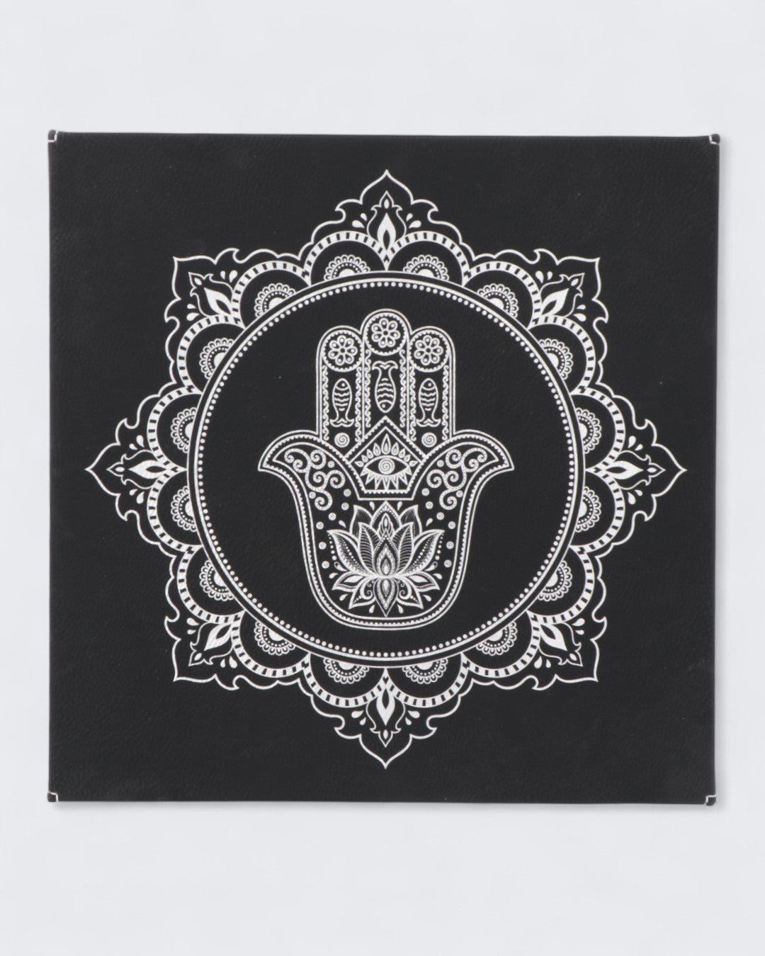 Hamsa Hand Mandala Wall Art – Black & Silver Embossed Leatherette Hanging (10x10") - Wall Art