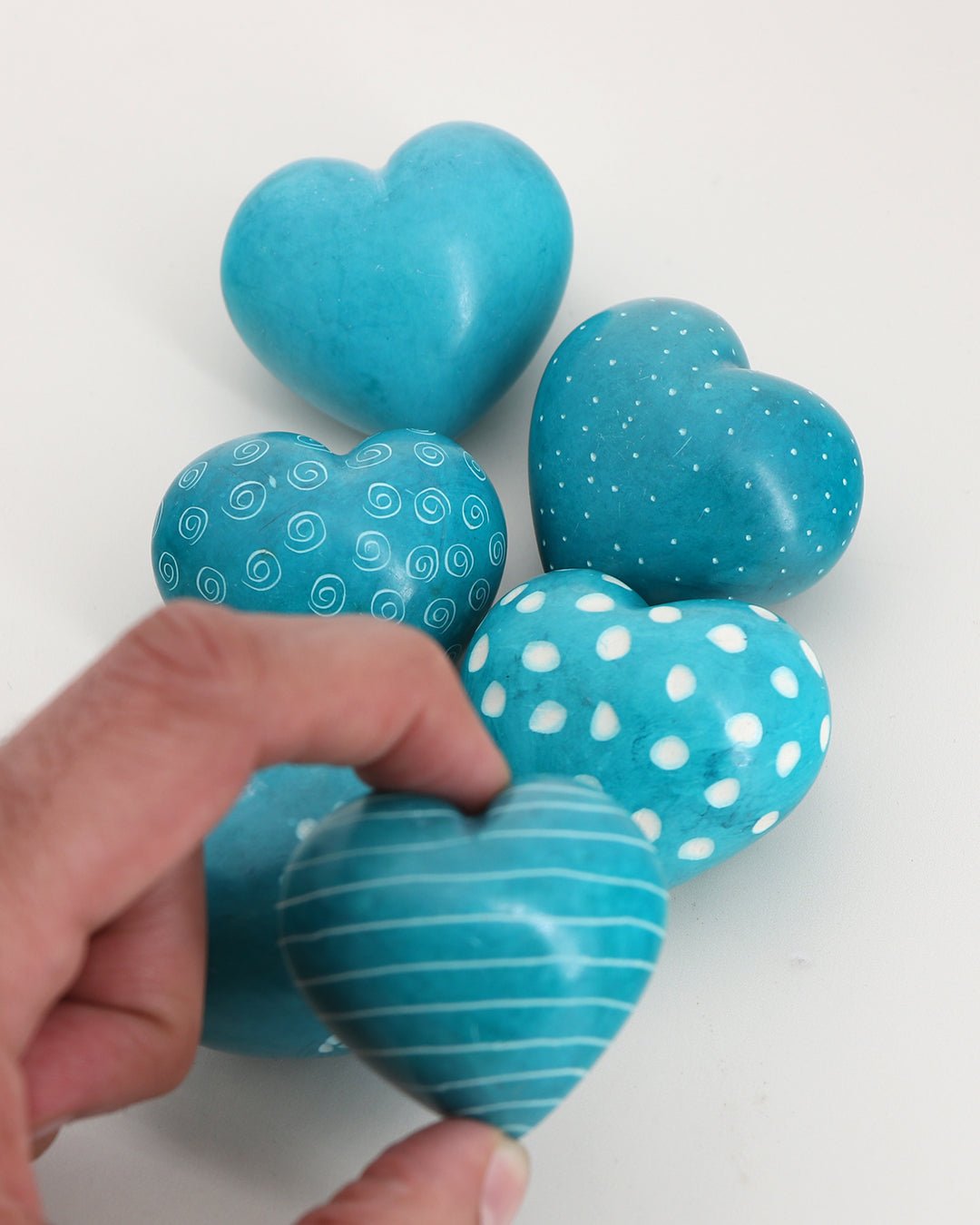 Hand - Carved Aqua Soapstone Heart Set – Etched Decorative Tokens from Kenya (Set of 6) - Decor