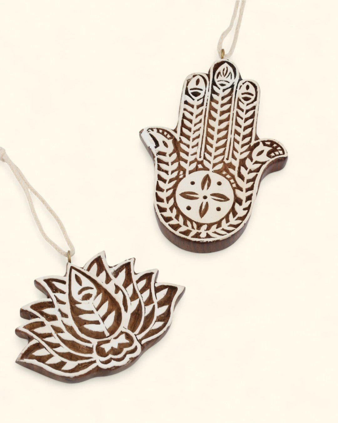 Hand - Carved Mango Wood Hamsa & Lotus Ornaments – Set of 2 - Posters, Prints, & Visual Artwork