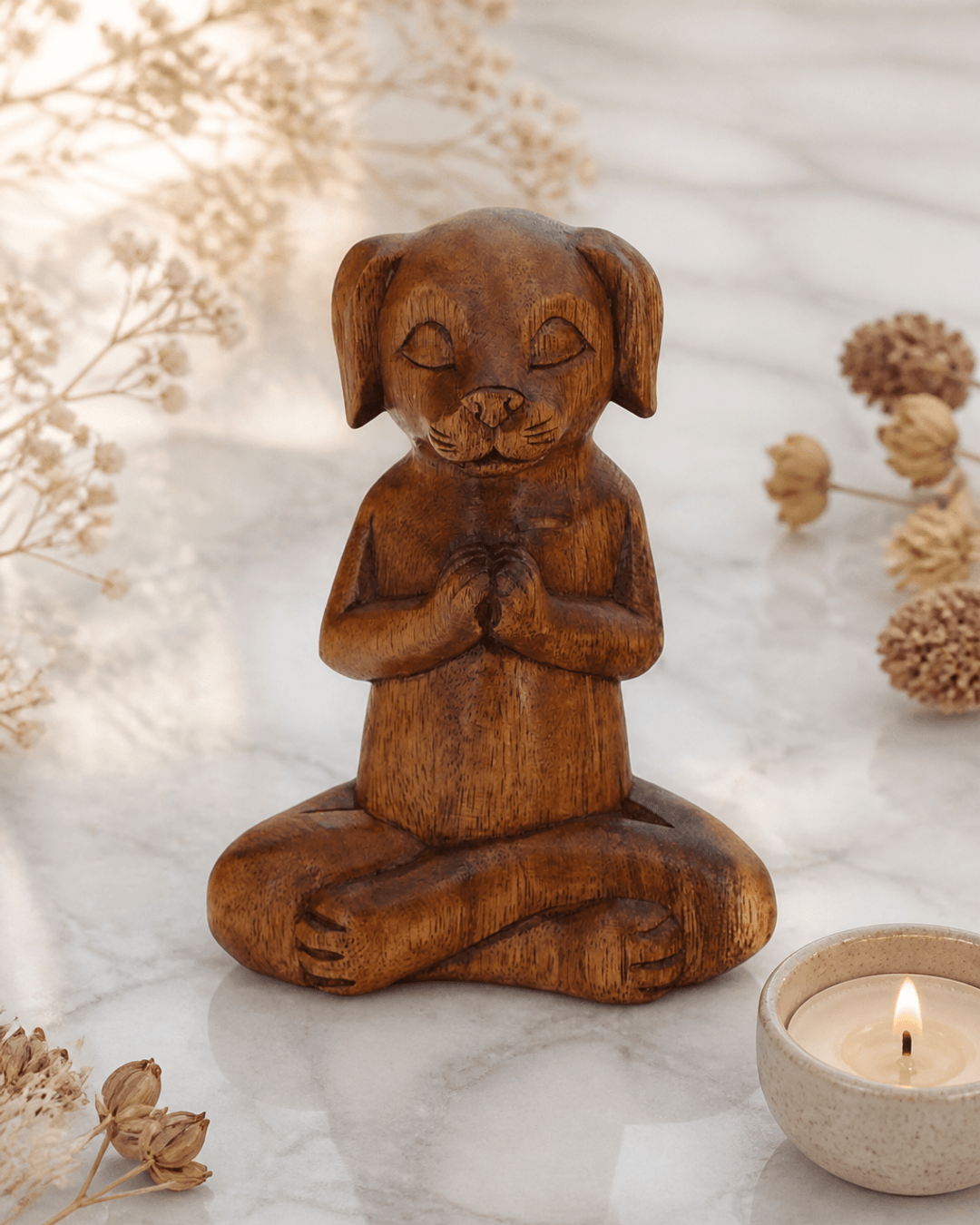 Hand Carved Meditating Namaste Dog Statue - Sculptures & Statues
