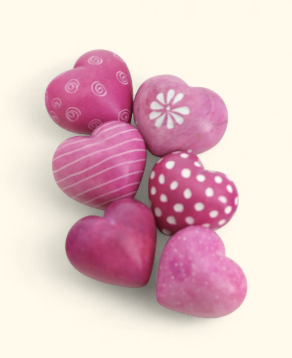 Hand - Carved Pink Soapstone Heart Set – Etched Decorative Tokens from Kenya (Set of 6) - Decor