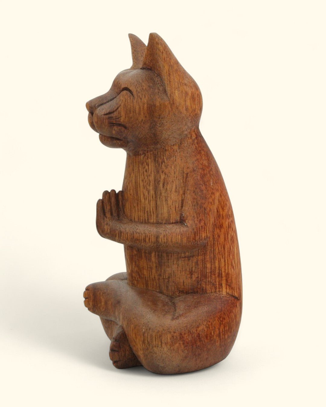 Hand Carved Praying Namaste Cat Statue - Sculptures & Statues